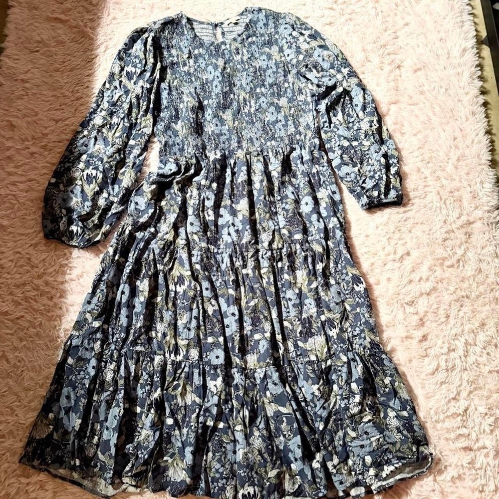 Cottage Core Whimsical Floral Prairie Peasant Shirred Dress Womens L Hobbit Boho